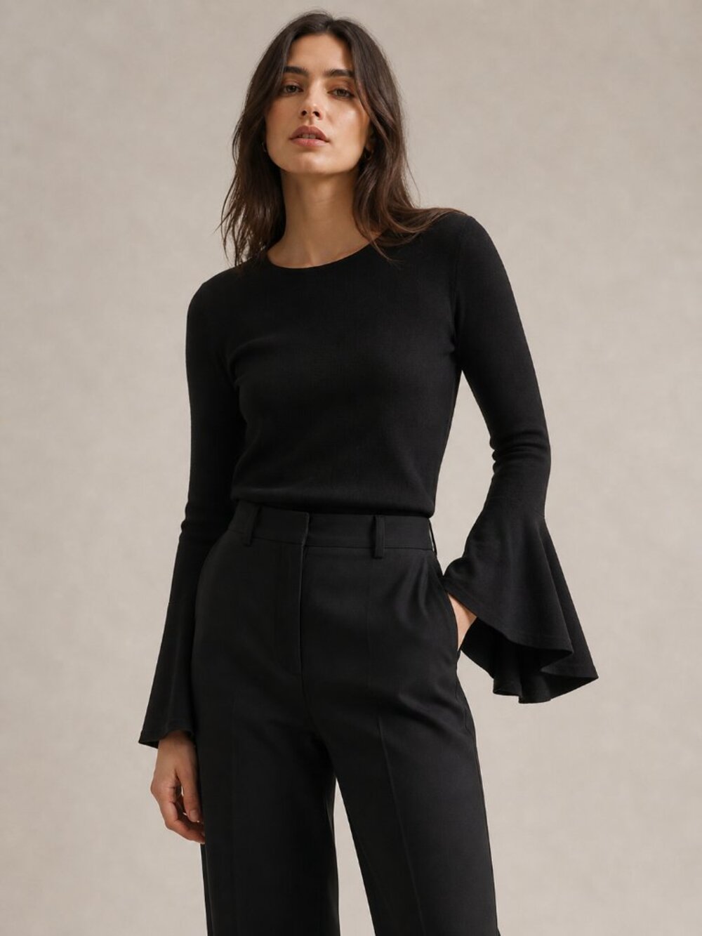 Eliza J Black Bell Sleeve Knit Top Keyhole Back Size L